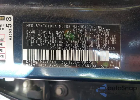 2008 Toyota Corolla Ce/Le/S from USA, damaged, VIN 2T1BR32E18C868793